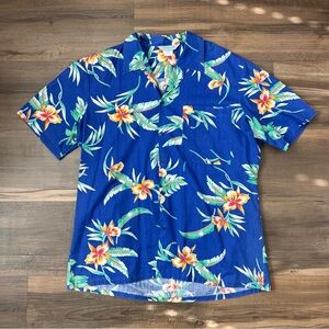 Vintage Royale Air Mens' Hawaiian Shirt - Blue w/Orange Hibiscus Flowers - Sz. L